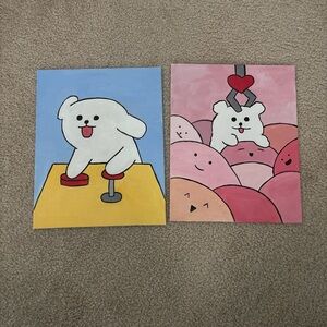 Blue and Pink Dog Claw Machine Painting Wall Art Room Decor Set of 2